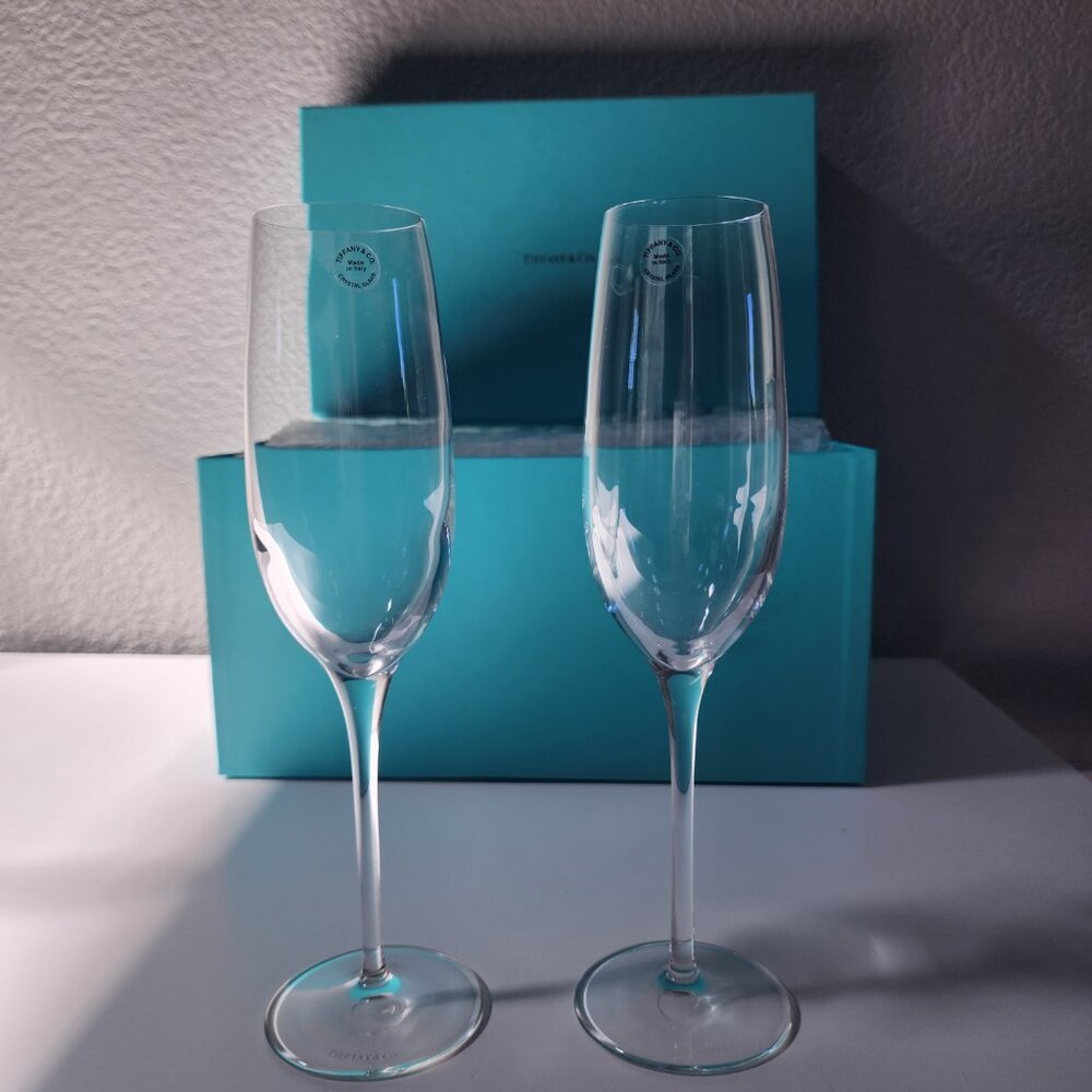 NIB Tiffany & Co. Champagne Glasses / Flutes in Crystal Glass